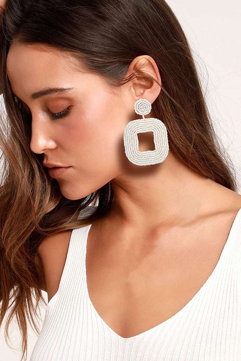 Boderier Beaded Drop Earrings Bohemian Beaded Square Hoop Dangle Statement Earrings (White) - Image 2